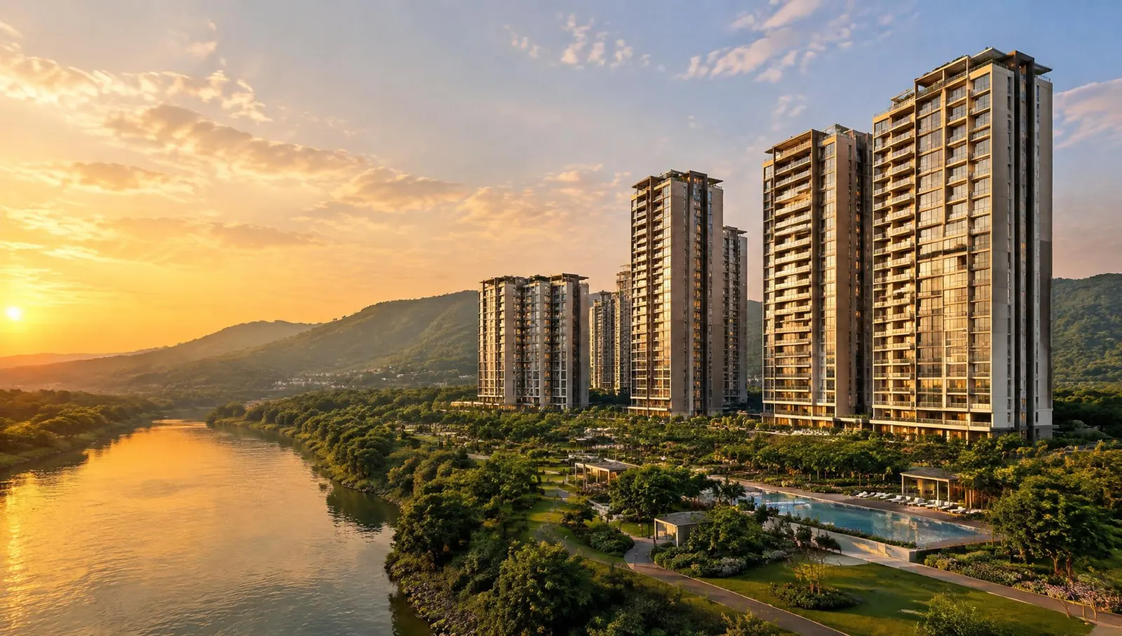 Vyana towers beside the river with hills behind