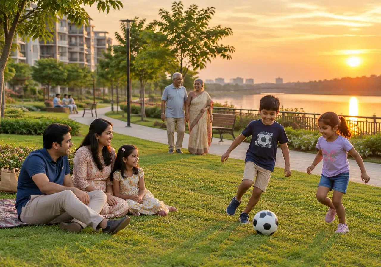 Families at the riverside greens